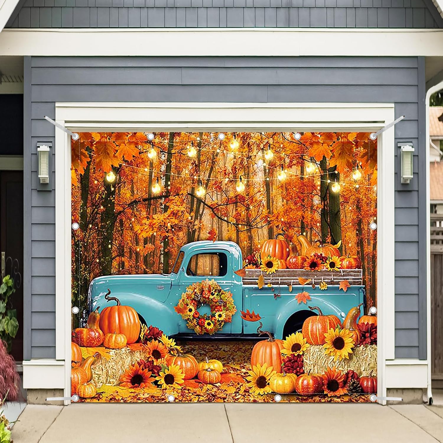 1PC 8x7ft Fall Forest Truck Garage Door Banner Decorations Autumn Harvest Pumpkin Maple Leaves Photography Backdrop Home Outdoor Wall Cover Thanksgiving Party Supplies