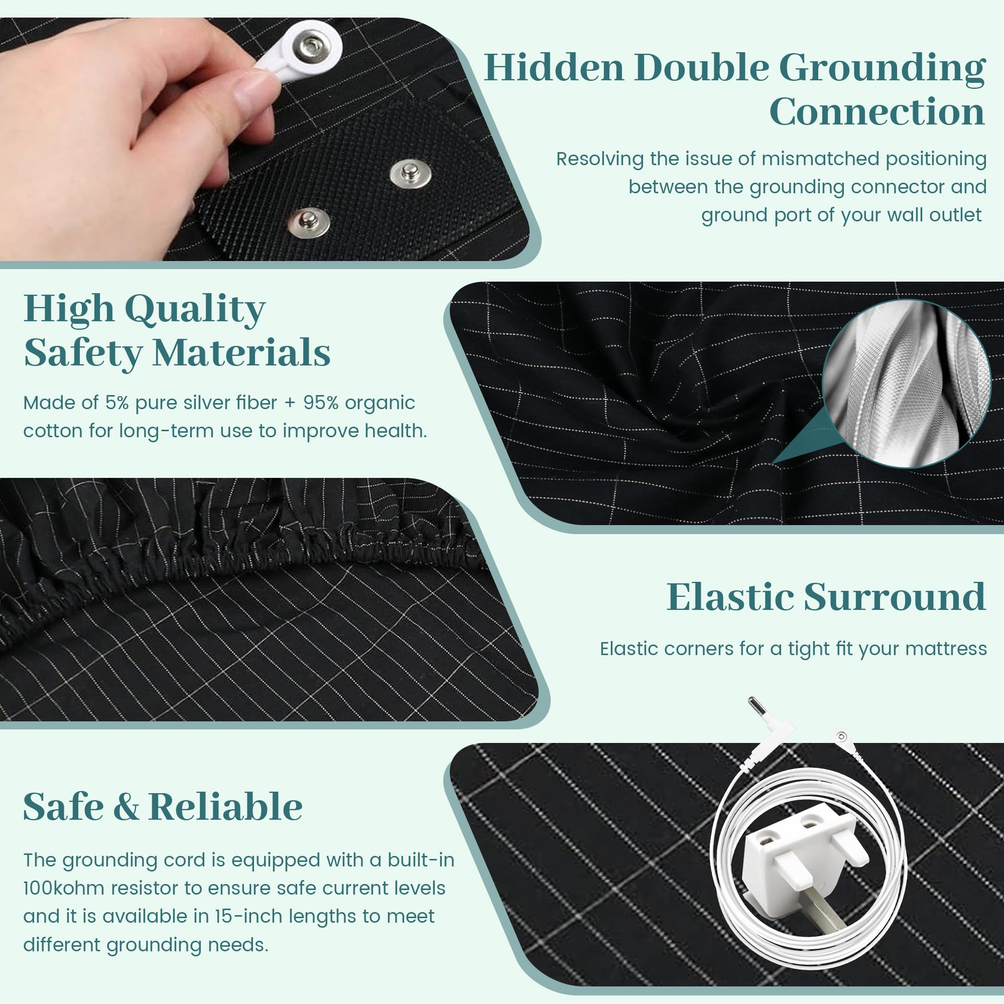 RIQINXIN Grounding Fitted Sheets Improve Sleep 90x 190x 35cm Grounding Mat Earthing uk Grounding Sheets with 90% Organic Cotton + 10% Pure Silver Fiber Fitted Earth Sheets with Grounding Cord Black - Image 2
