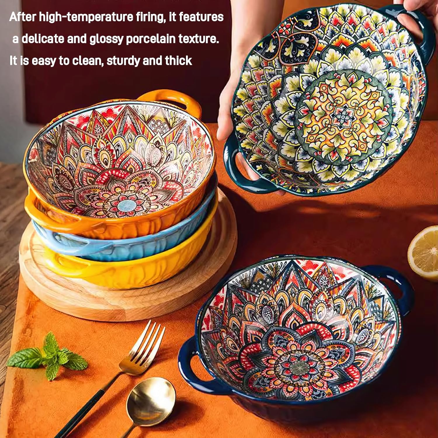 Bohemia Large Bowls with Handle, 40 oz Ceramic Soup Bowl for Salad, Pasta, Cereal,Fruit, Udon, Microwave & Dishwasher Safe (Orange) - Image 5