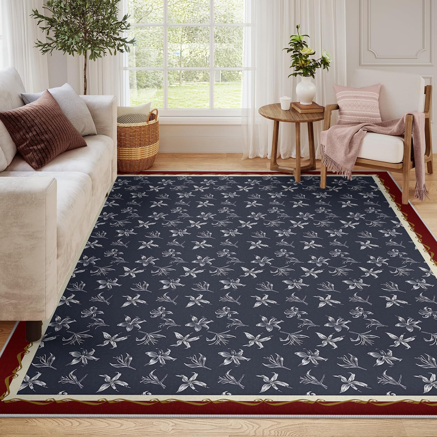 Tapis fleurs tropicales petit carpette salon bleu décoration vintage 90x150