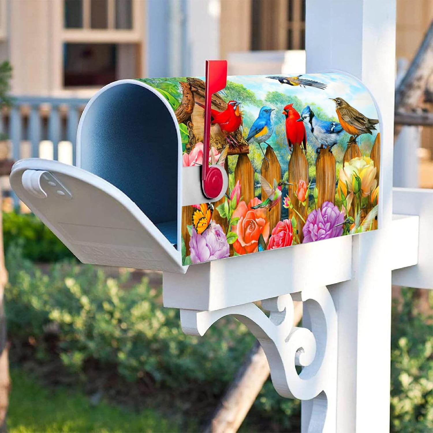 Texupday Spring Summer Floral Fence Bird Butterfly Mailbox Cover with Magnetic Strip Flower Mailbox Wraps Post Letter Box Cover Standard Size 21" X 18" for Garden Outdoor Yard Decor