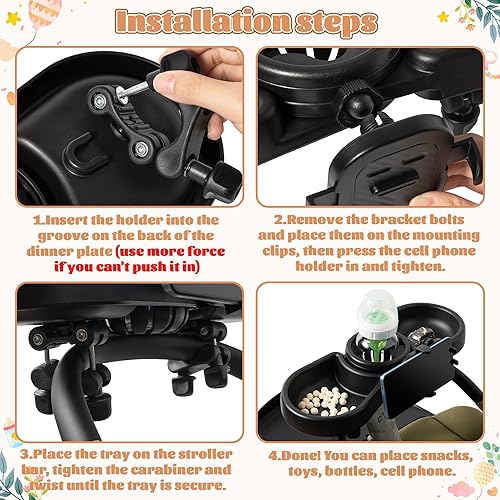 Miniatura 5 de Bandeja universal para refrigerios para cochecito 4 en 1 con clip para cochecitos y soporte para teléfono, soporte para teléfono, bandeja doble