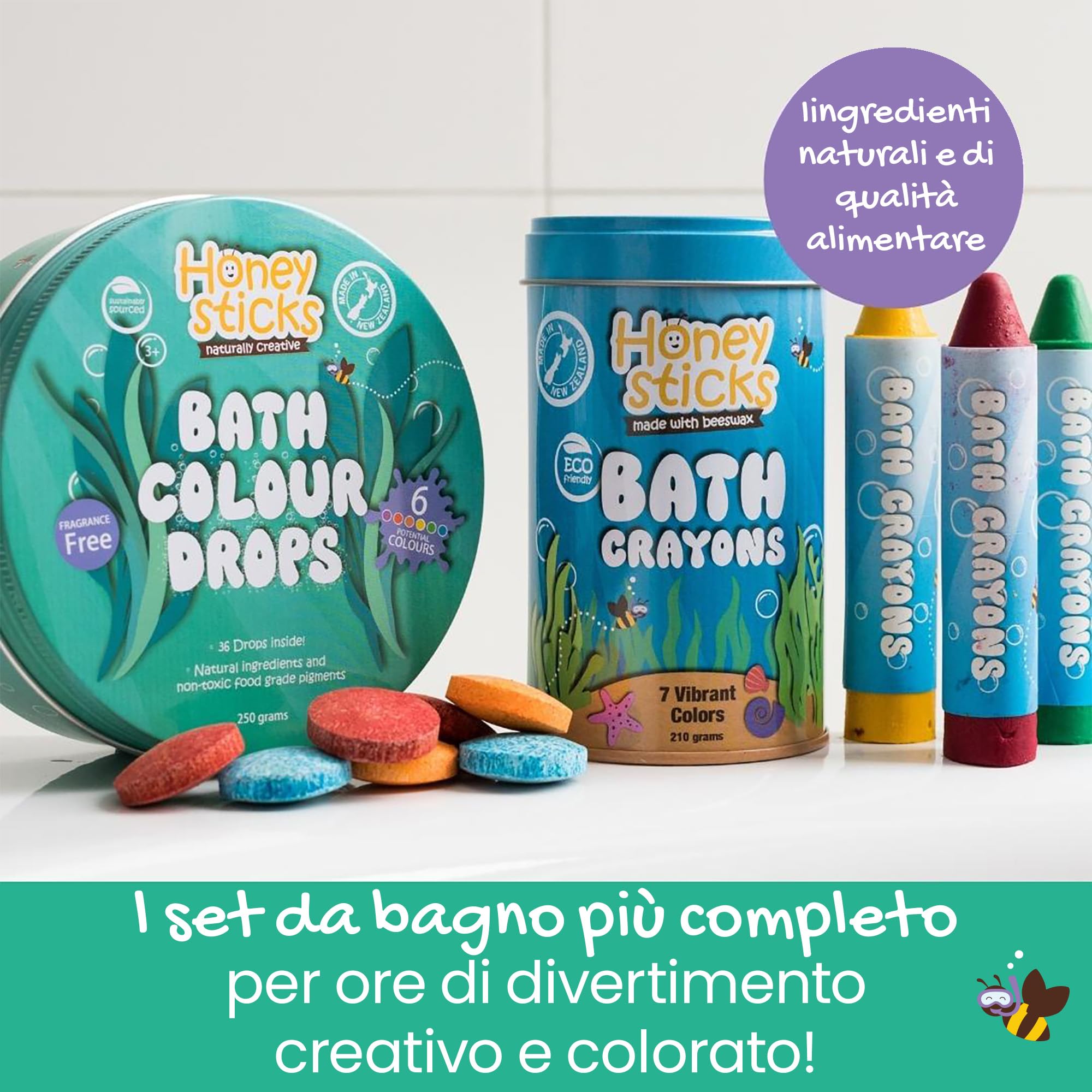 Set Divertente per il Bagno Honeysticks - Pastelli da Bagno Non Tossici (7) e Tavolette Colorate (36) per Divertimento Creativo Nella Vasca - Ottimo Regalo per Bambini