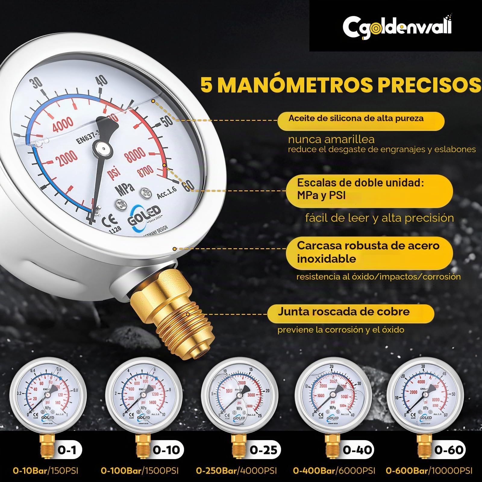 CGOLDENWALL Kit de Prueba de Presión Hidráulica, 5 Manómetros (10/100/250/400/600 bar), 13 Accesorios, 14 Conectores en T, 5 Mangueras, para Excavadoras/Construcción/Maquinaria/Minería