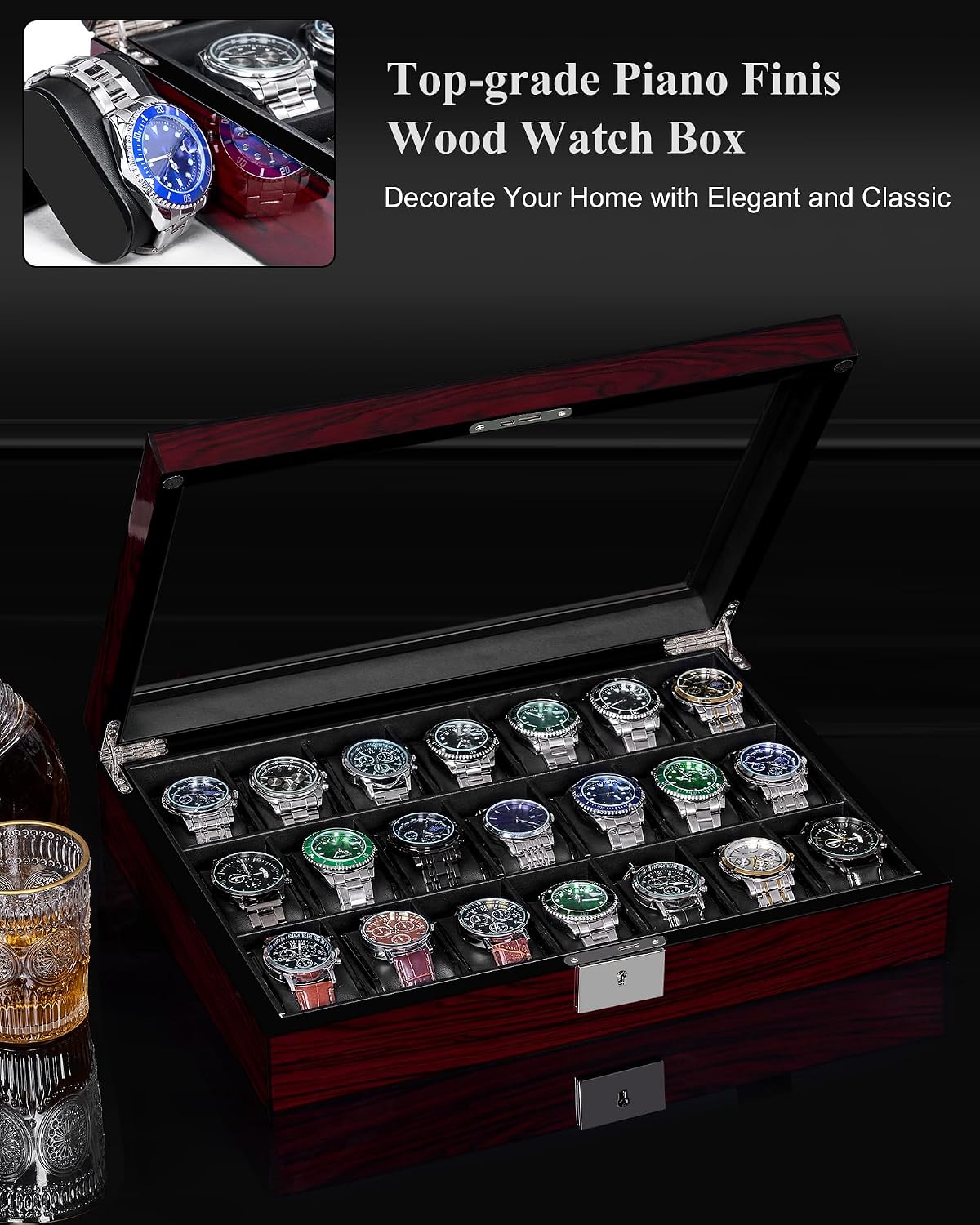 ANWBROAD 21 Slot Watch Cases for Men Watch Box with Large Glass Lid Lockable Wood Watch Display Case Watch Organizer Giftable Elegant Watch Holder UJWB004Y