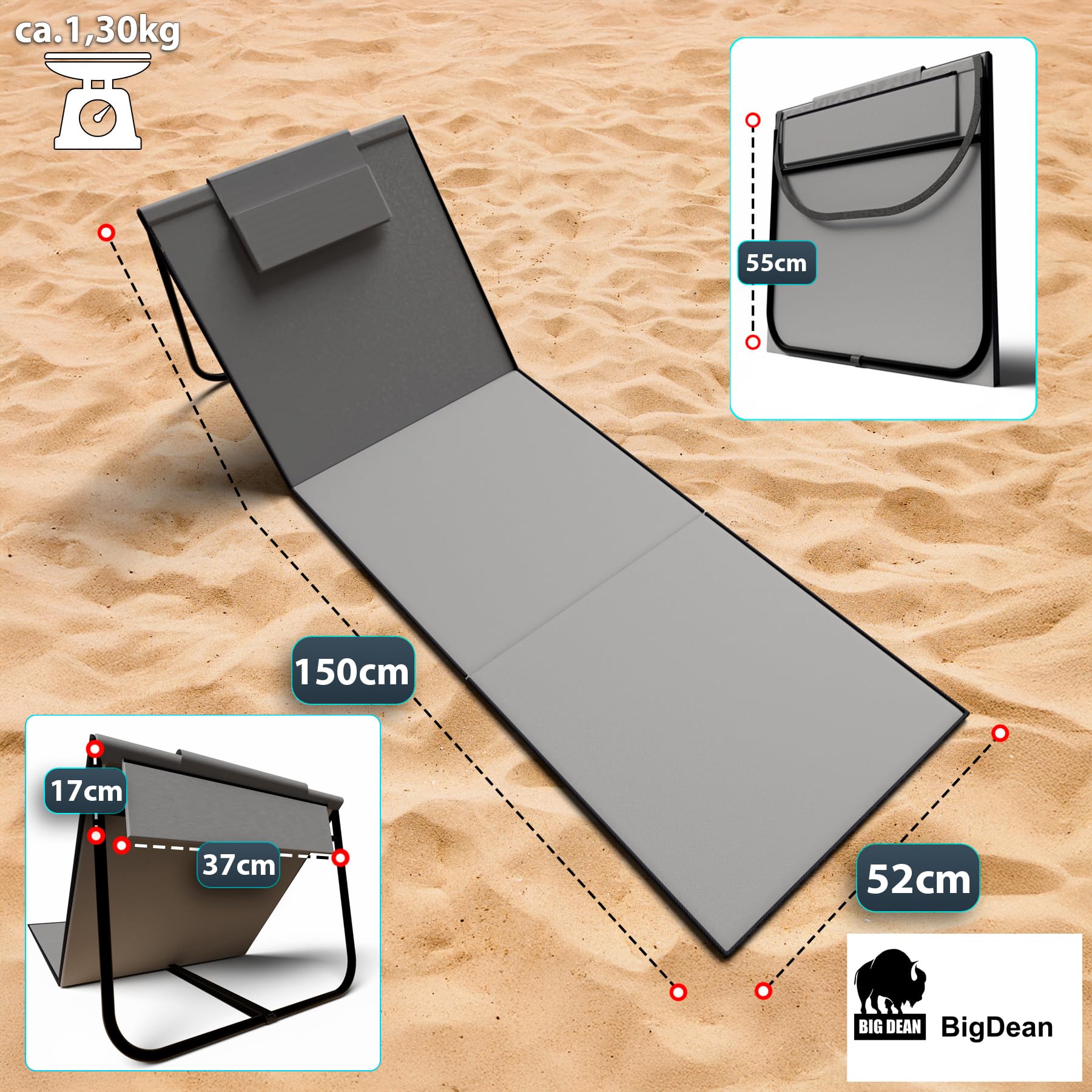 BigDean Strandliege 2er Set Strandstuhl klappbar leicht nur 1,3 kg - Strandmatte tragbar und gepolstert
