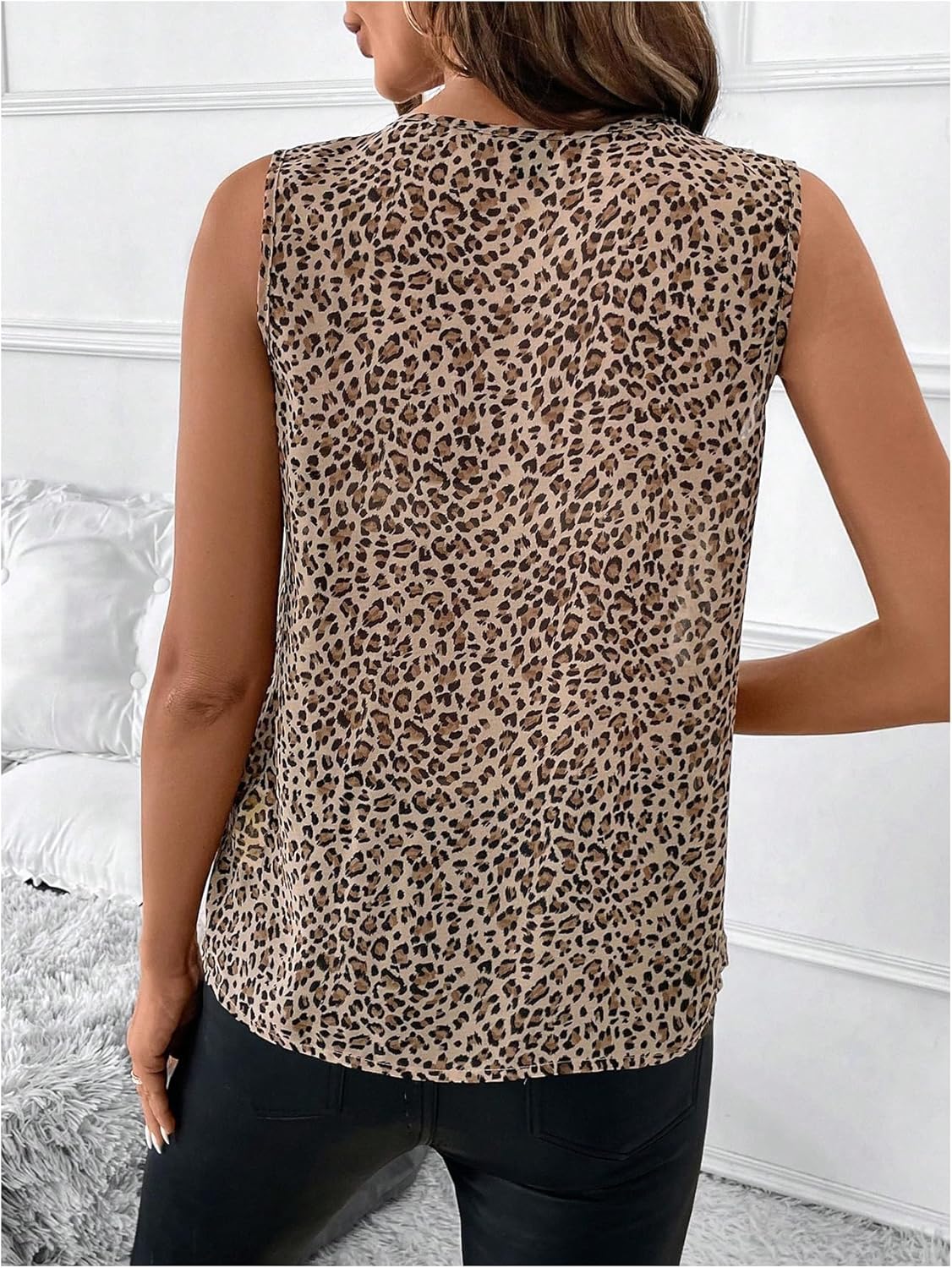 Milumia Women's Leopard Ruffle Trim Blouse Sleeveless Casual V Neck Cheetah Dressy Tank Tops - Image 3