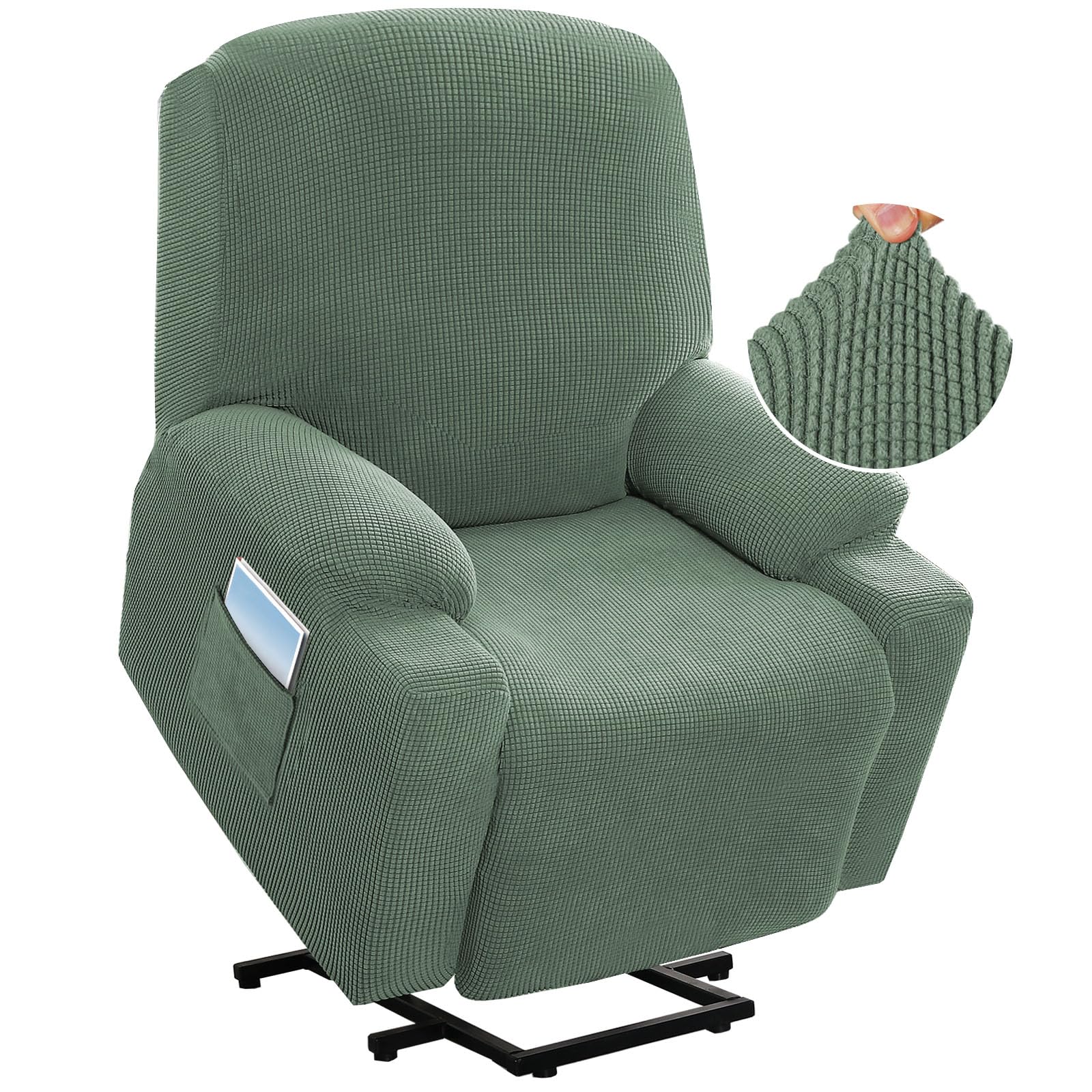 H.VERSAILTEX Stretch Couch Cover Recliner Cover Electric Power Lift Recliner Chair Cover Fitted Standard Large Power Lift Recliner with Side Pocket, Soft Thick Jacquard(Single Seat, Loden Frost)