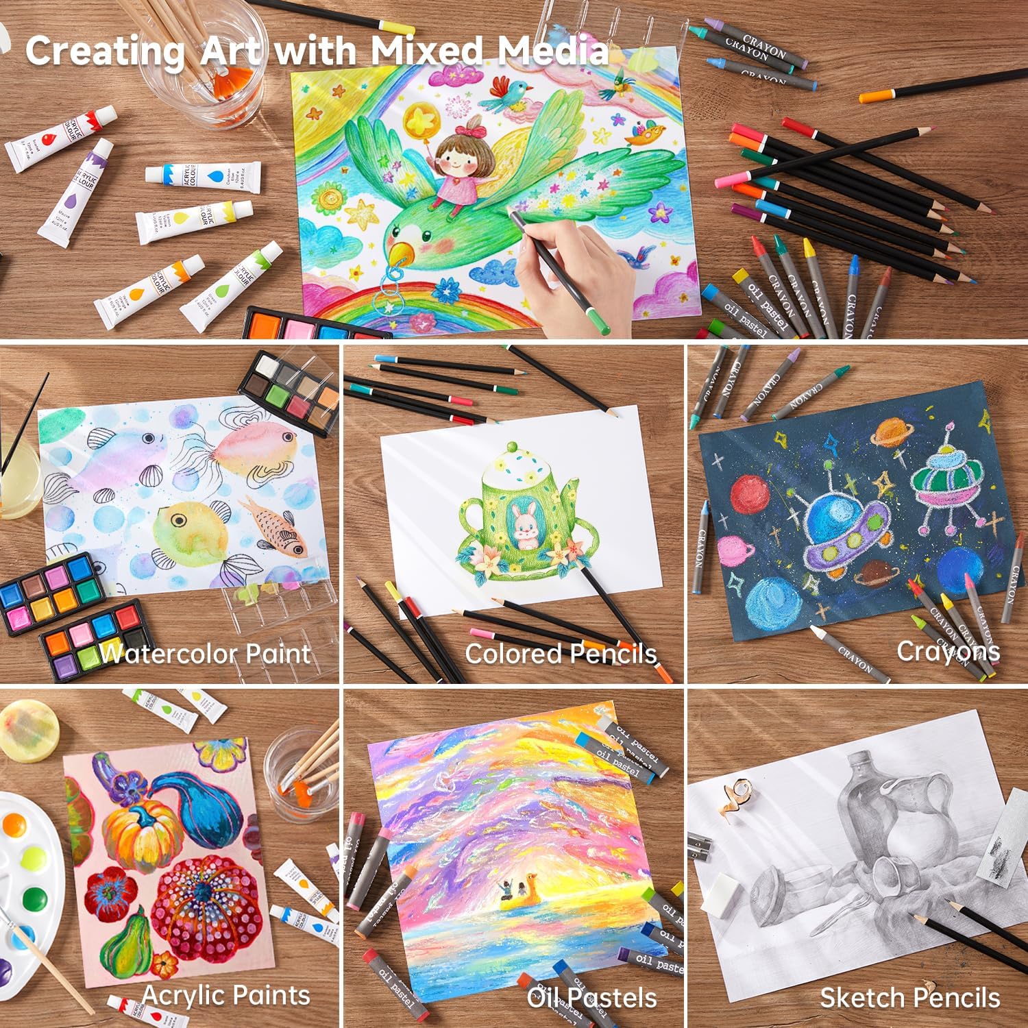 Shuttle Art Kit artistico deluxe da 202 pezzi in legno con blocchi da disegno, tele, fogli da colorare, colori acrilici, pastelli e matite colorate