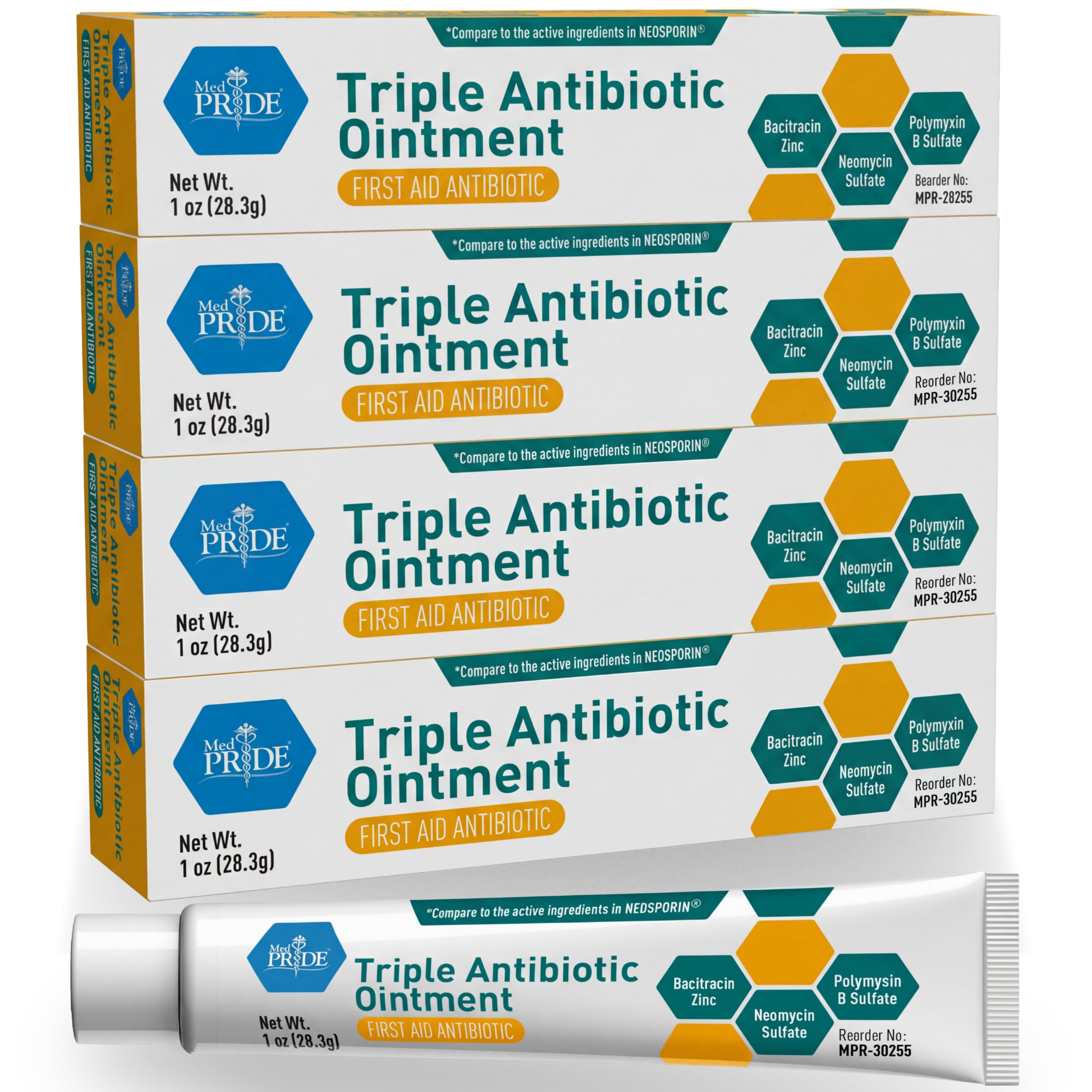 MED Pride Triple Antibiotic Pride Ointment Tube 1 Oz 4-Pack, First Aid for Minor Wounds, Scratches, Abrasions, with Zinc, Neomycin, Polymyxin