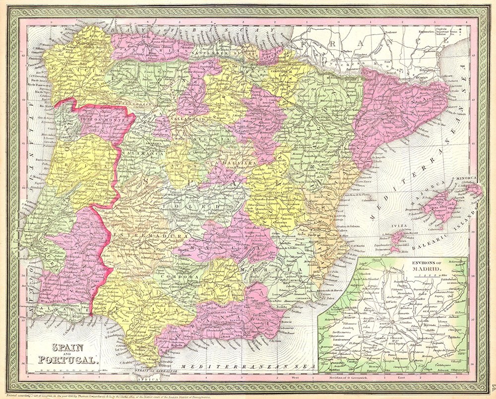 Mapa de España y Portugal de 1850 enmarcado para decorar despachos con estilo clásico