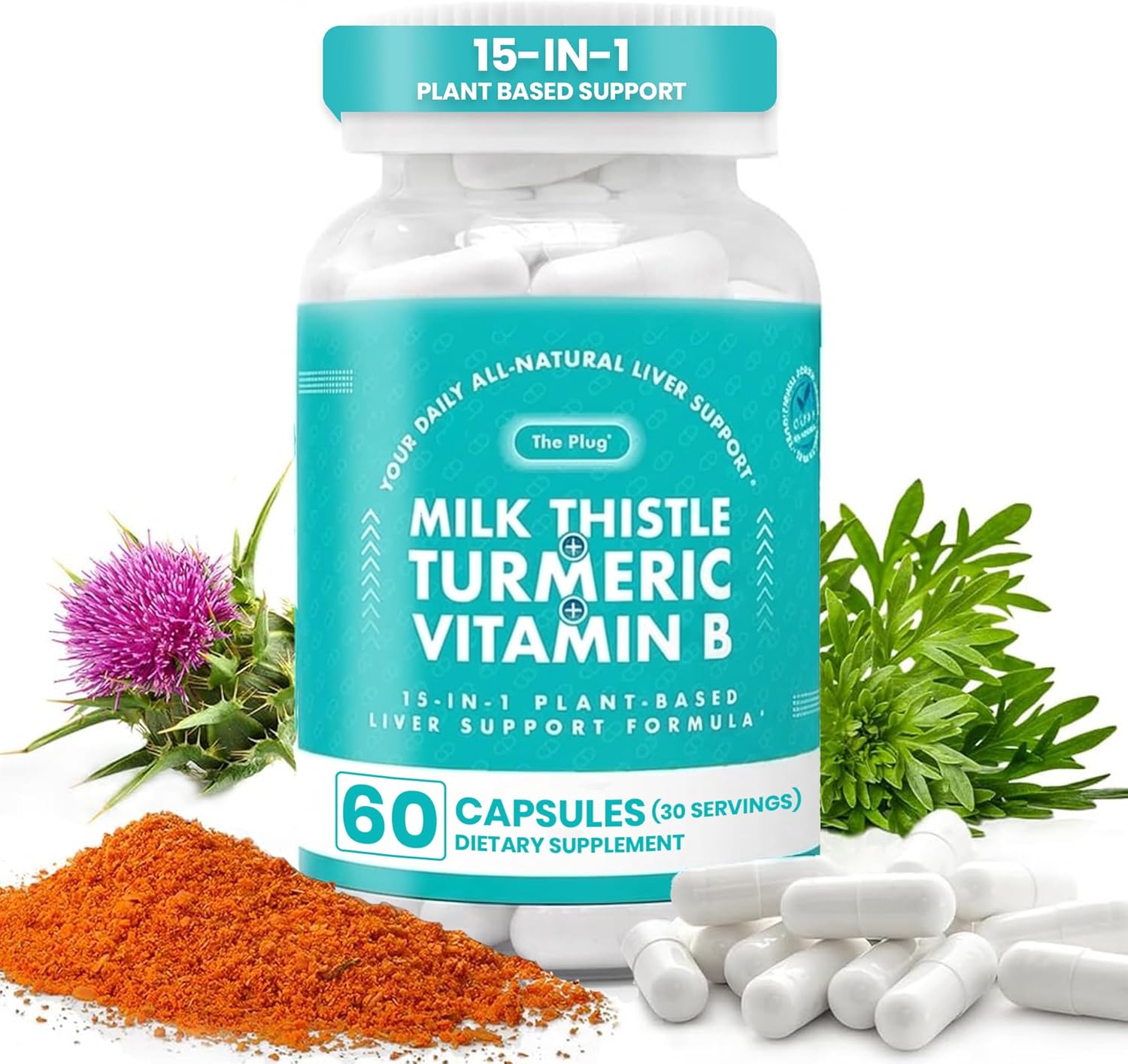 The Plug Liver Cleanse Detox & Repair Milk Thistle (Silymarin), Turmeric, Dandelion Root & Vitamin B– Herbal Capsules for Liver, Digestive & Immune Support – Non-GMO, Gluten-Free, Kosher – 60 Capsules