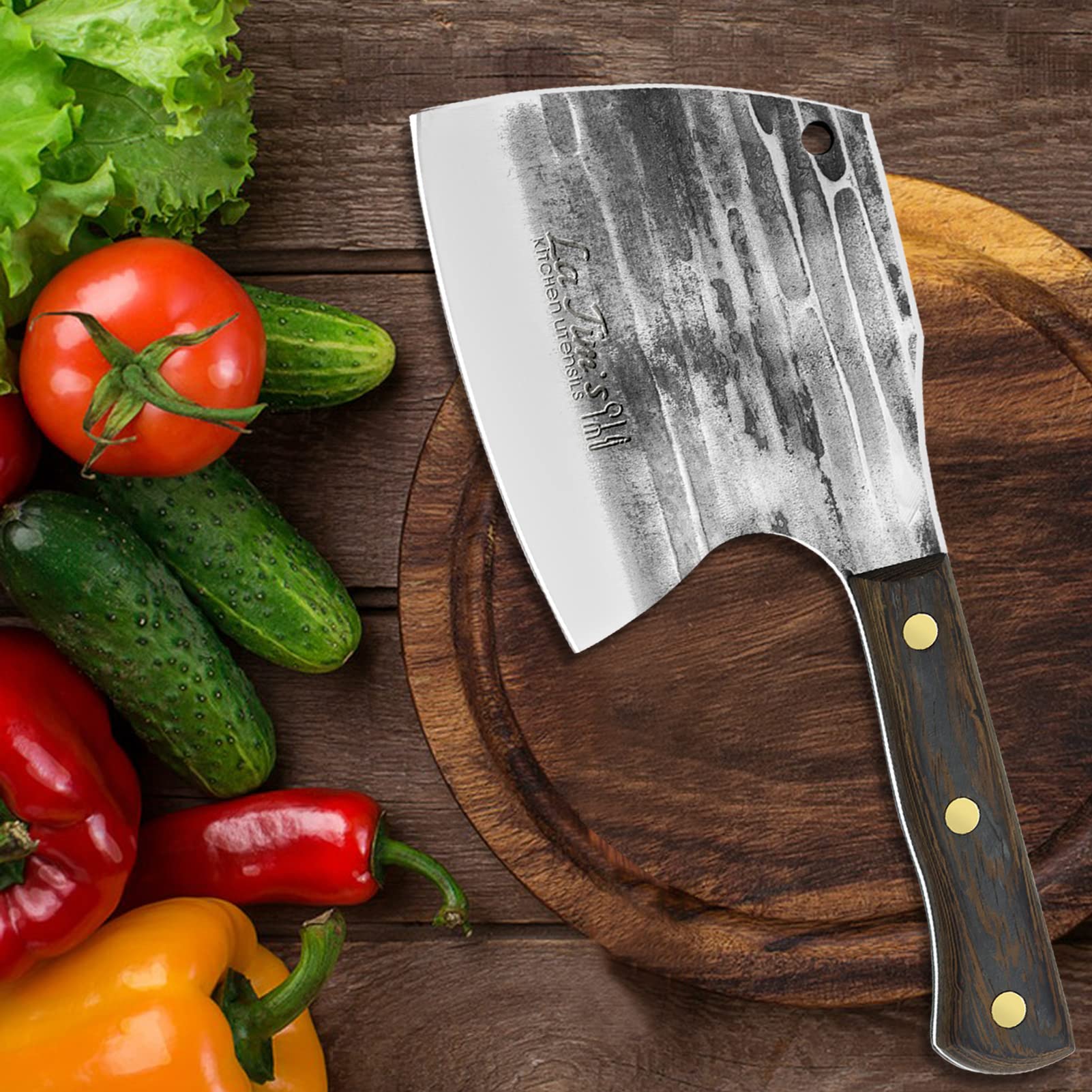 Couperet, couperet lourd de 0,85 kg, couperet à viande en acier au carbone forgé à la main, couteau de boucher pour hacher les os, manche en bois massif