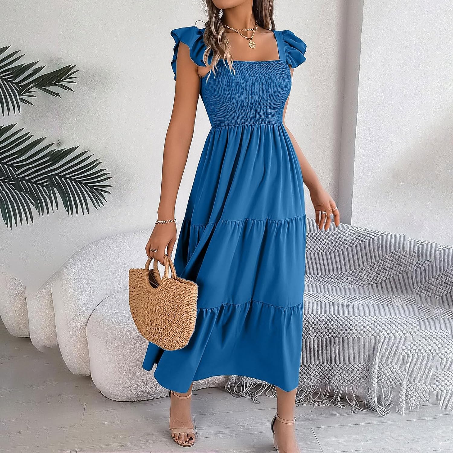 Womens Casual Summer Dresses 2026 Maxi | Smocked Square Neck Sleeveless,Beach Vacation Sundresses, A Line Flowy Ruffle Long Dress,Boho Cruise Outfits