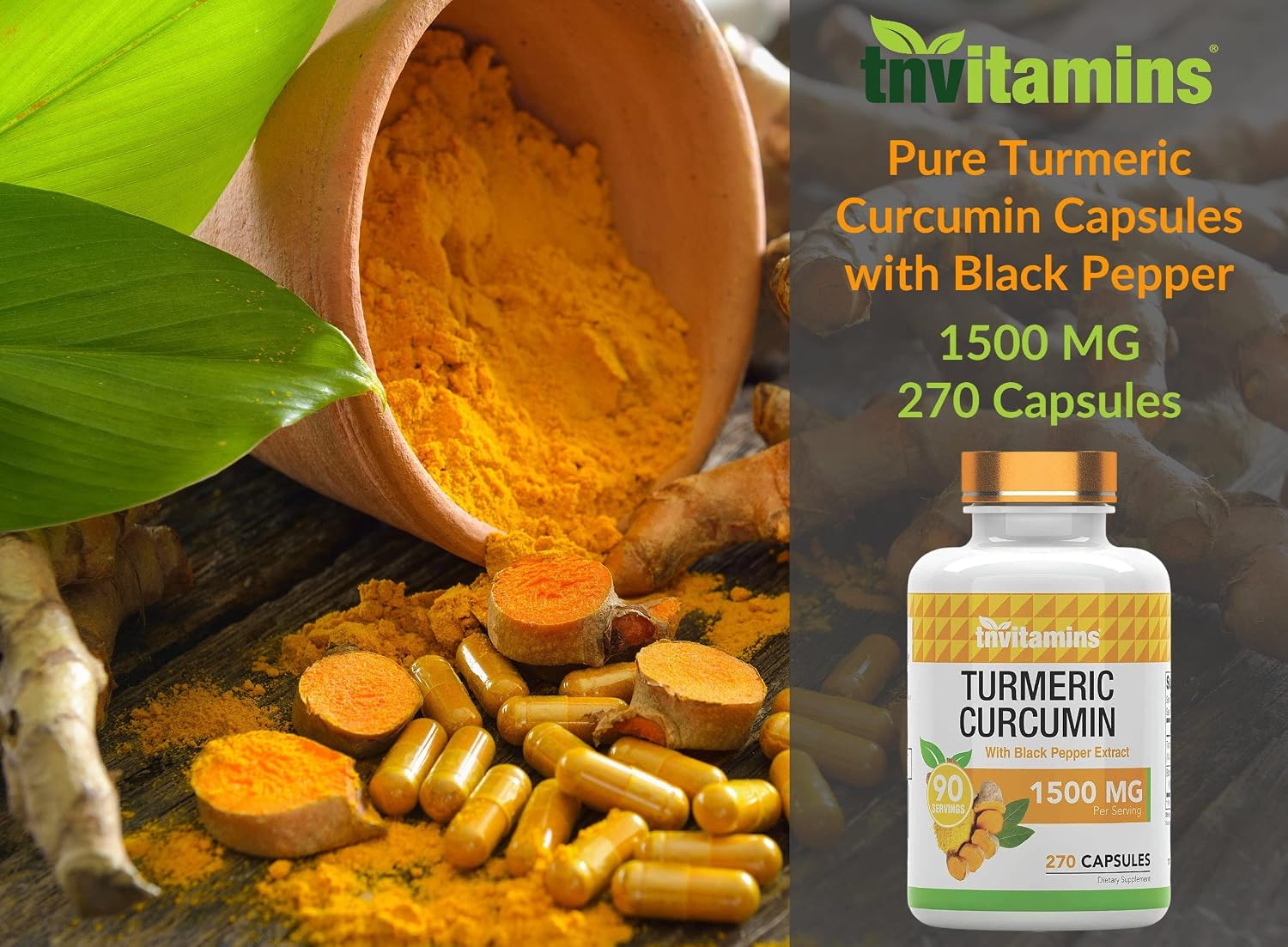 tnvitamins Turmeric Curcumin Capsules with Black Pepper | 1500 MG - 270 Capsules | Bulk Size - 3 Month Supply! | Golden Turmeric Curcumin Supplement with Black Pepper | Non-GMO | Produced in The USA