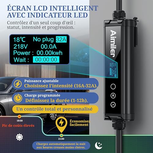 AIMILER Borne de Recharge Véhicules Électrique 22kW 32A Triphasé APP,CE Chargeur Voiture Electrique Type 2 Câble 7M- Wallbox IP66 et Protection RCD - Compatible et Tous Modèles BEV/PHEV - 3
