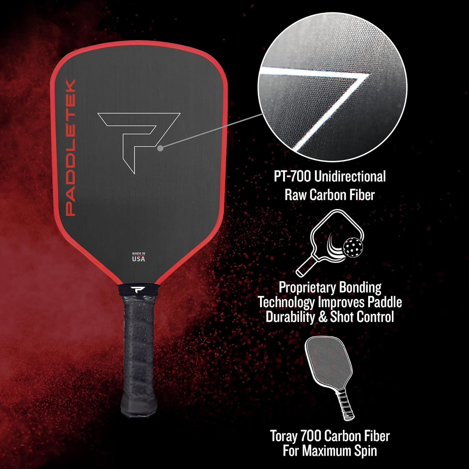 Paddletek Bantam GTO-C 12.7mm Hybrid Pickleball Paddle – Raw Carbon Fiber Face – Aerodynamic Tapered Shape – Polymer Core – 16.25" x 7.75" – 5.5” Handle – UPA-A & PBCoR .43 Certified – Made in USA