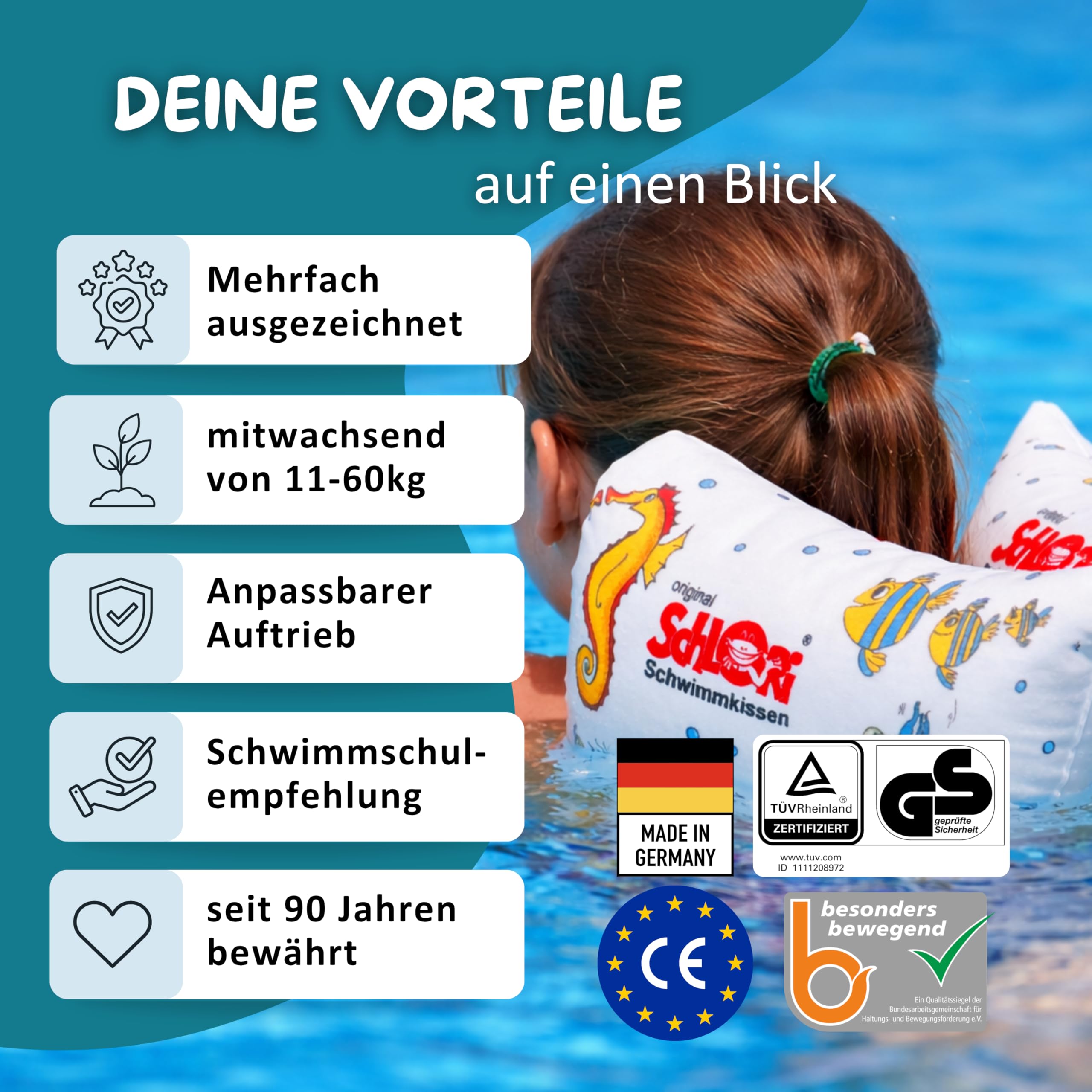 Schlori Schwimmkissen mit Schnalle, Schwimmlernhilfe für Kinder 11-60 kg, 100% Baumwolle, TÜV GS Geprüft