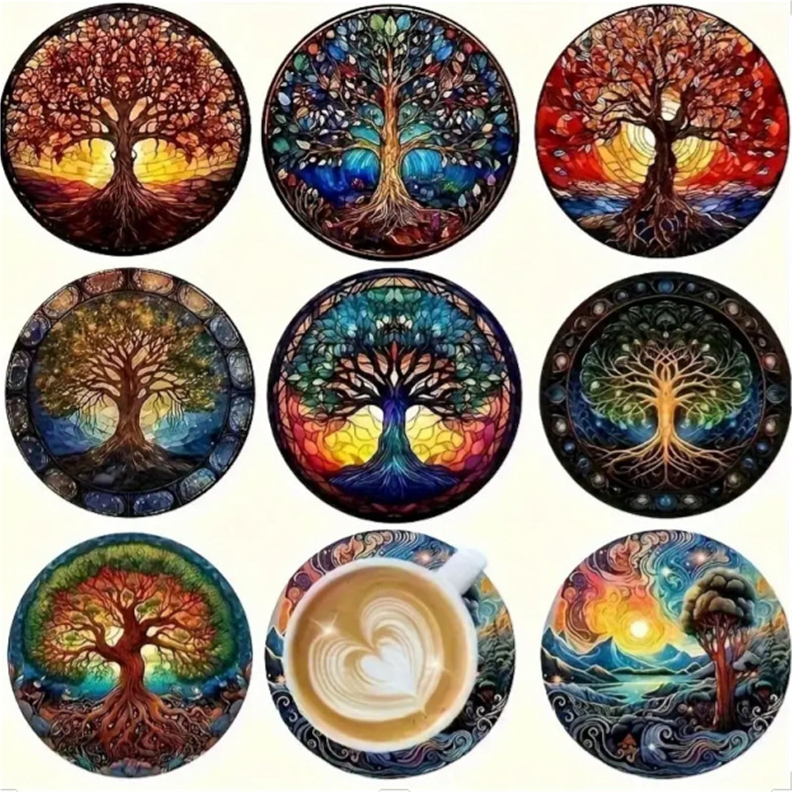 Wooden Round Coasters 8Pcs Mandala Flower Wooden Coasters