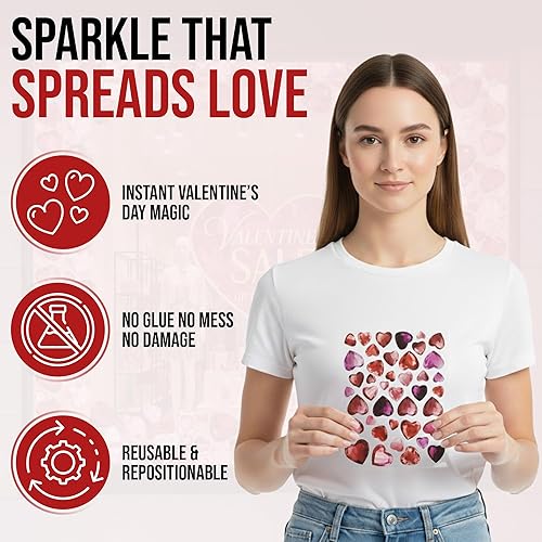 Miniatura 3 de Iconikal Adhesivos decorativos para ventana con forma de corazón con diamantes para el día de San Valentín, 200 unidades para el hogar, oficina,