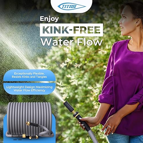 Miniatura 6 de TITAN Manguera de jardín  Manguera de agua híbrida no expandible, ligera, sin torceduras, duradera y flexible con conectores de latón resistentes y