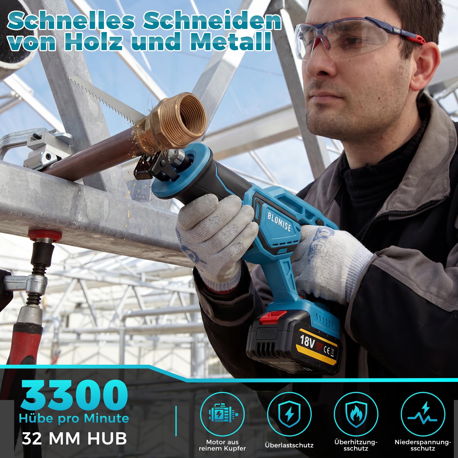 Säbelsäge Akku für Makita LXT 18V Akku, elektrischer Fuchsschwanz, bürstenloser Motor, 3500 SPM, 22 mm Hub, CVT stufenlos, Einhandbedienung, werkzeugloser Blattwechsel, rutschfester Griff