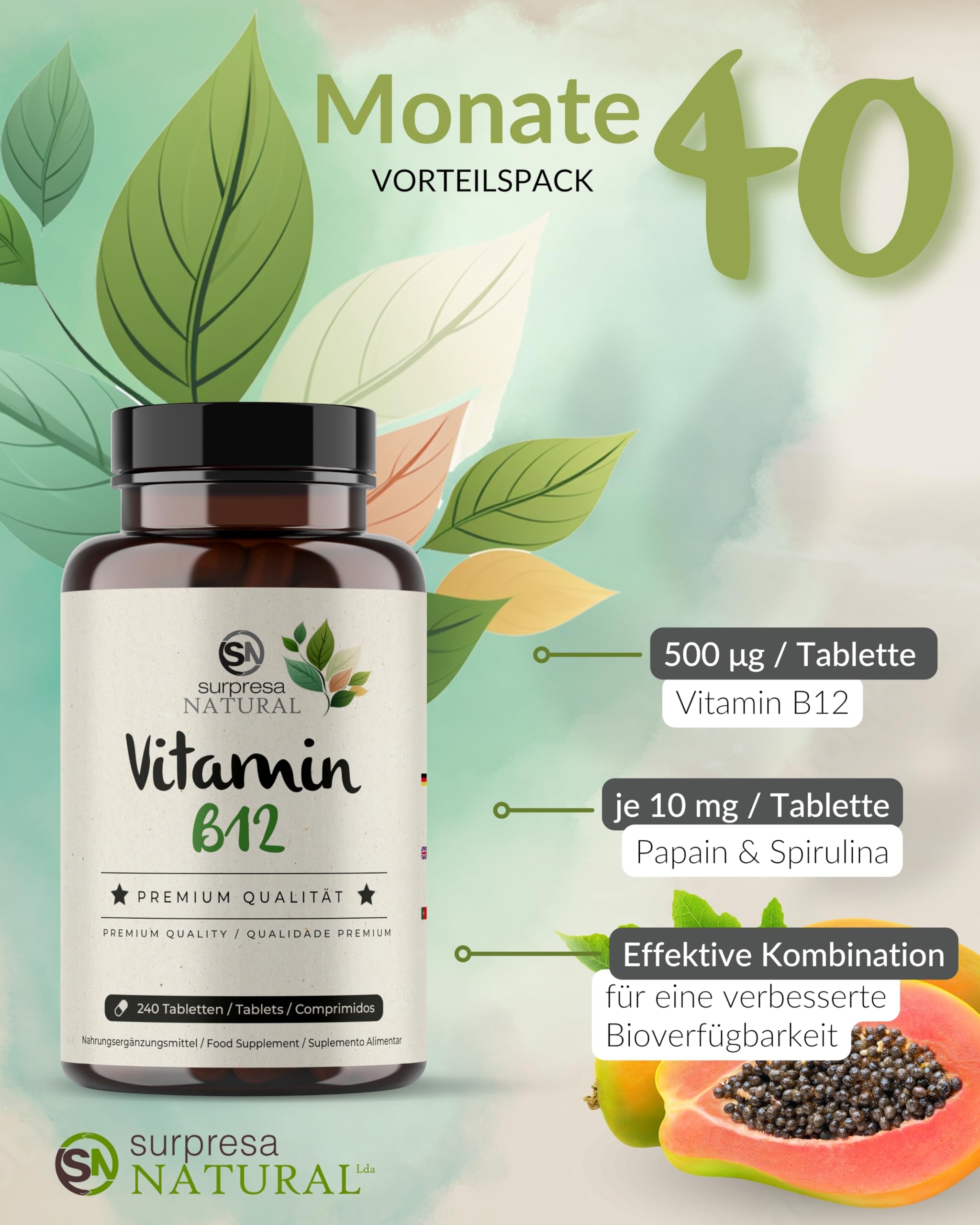Vitamin B12 Tabletten I 5 x 240 Stück I Mit 500 µg Vitamin-B 12 aus Methyl- & Adenosylcobalamin I Vorrat für 40 Monate I Vitamin-B-Komplex hochdosiert I 100% vegan & natürlich