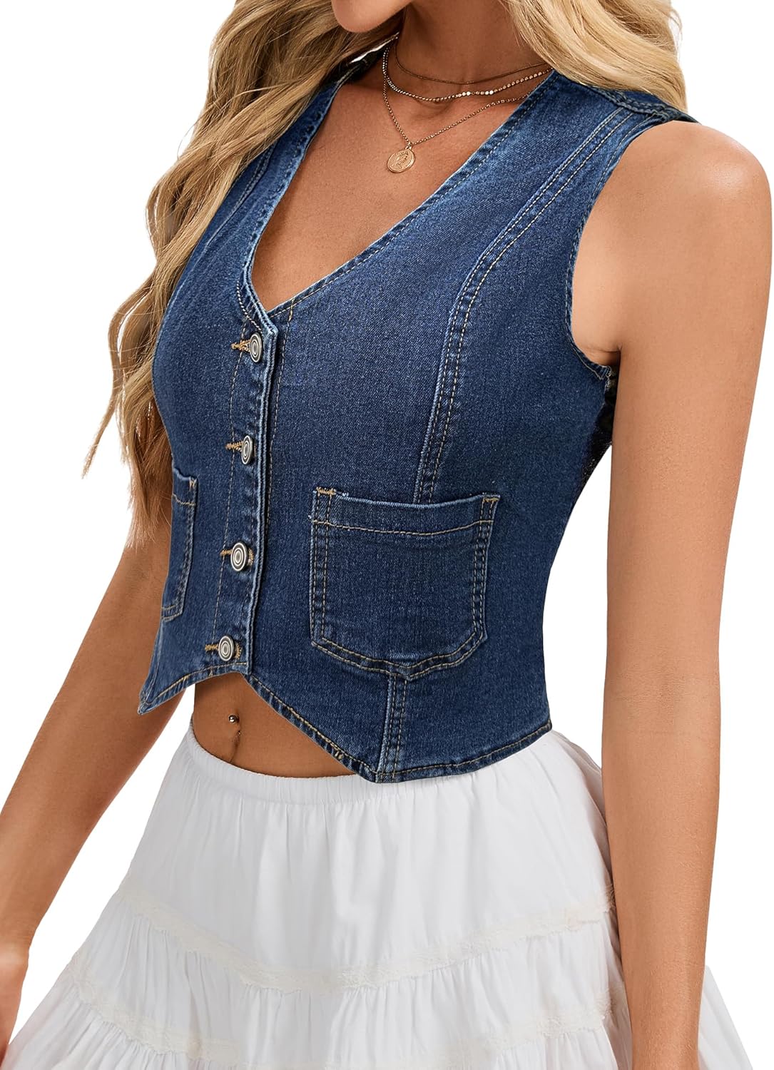 Genhoo Denim Vest Sleeveless Jean Vest Top for Women V Neck Button Down Cropped Denim Top with Pockets - Image 4