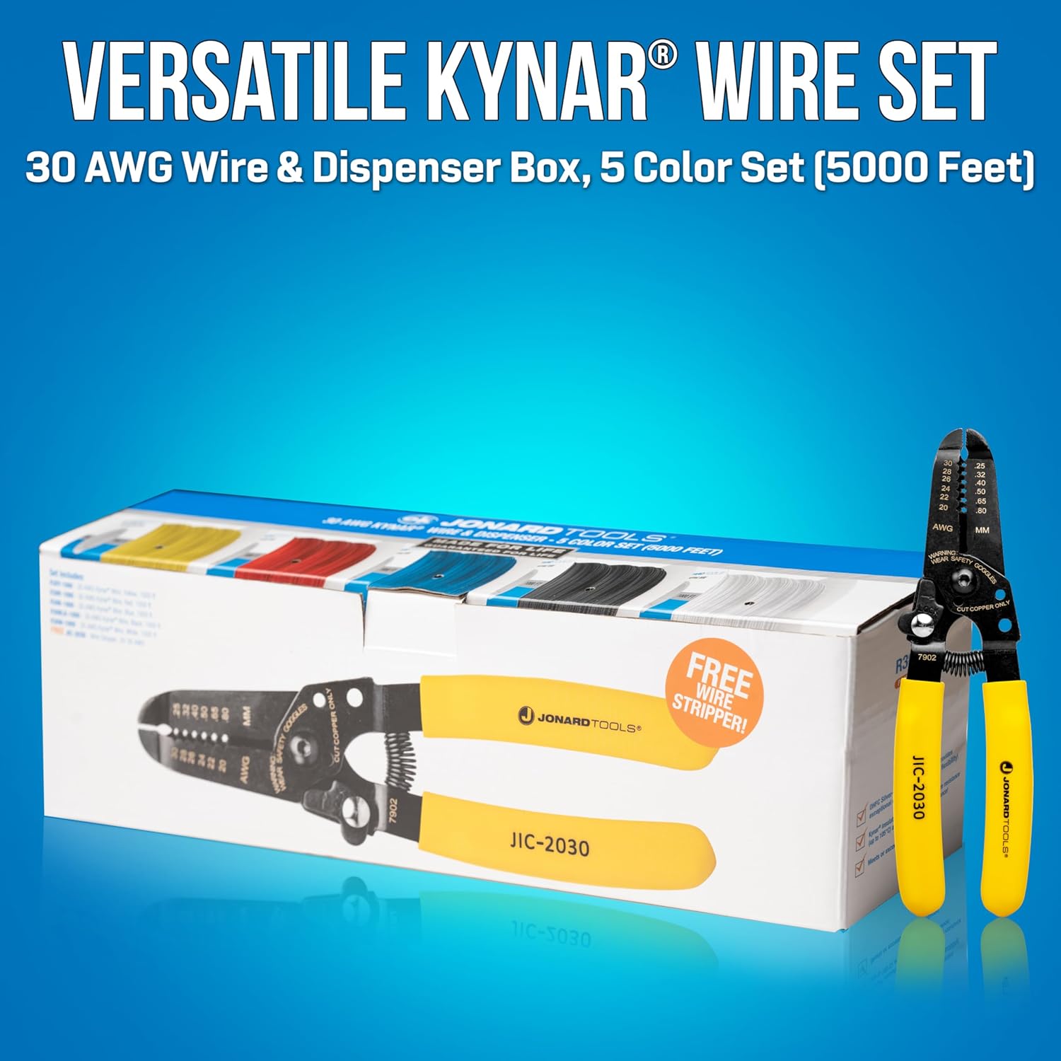 Jonard Tools R30-5100 30 AWG Kynar Wire & Dispenser Box Set with Included Wire Stripper - 5 Color Pack (500 ft)