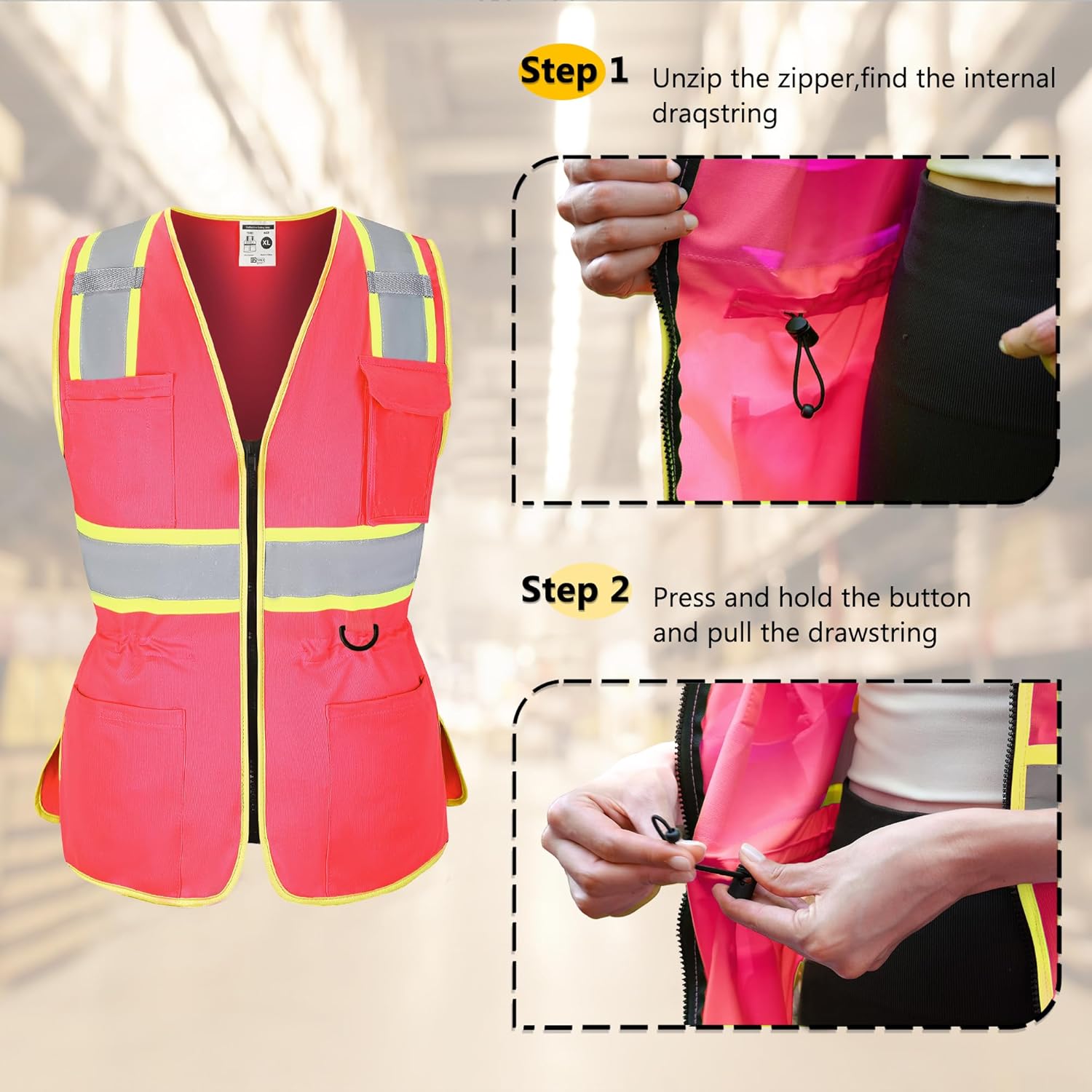 FATONE Women's ANSI Class 2 High-Vis Safety Vest with Reflective Strips, Zipper Pockets & Adjustable Waist - Pink/Yellow Construction Work Vest for Warehouse Personnel, Road Crews M - Image 2