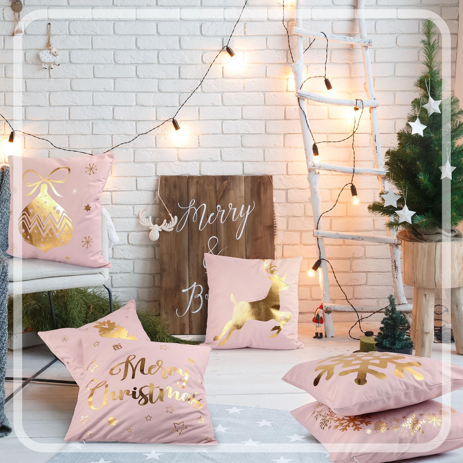 Tatuo 6 Piezas de Fundas de Almohada de Navidad Decorativas Cubiertas de Cojines Navideñas Festivales para Sofá Hogar Oficina Dormitorio Decoración Adorno, 45 x 45 cm (Rosado, Oro)
