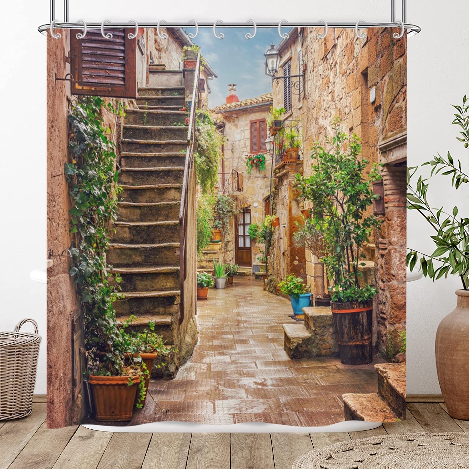 3D Shower Curtain 150x180, Hnmdmyi Garden Floral Scenery Street Alley Picture Shower Curtains Italy Outdoor Flowers View Bathroom Curtains Waterproof Polyester Fabric Washable Bath Curtains with Hooks
