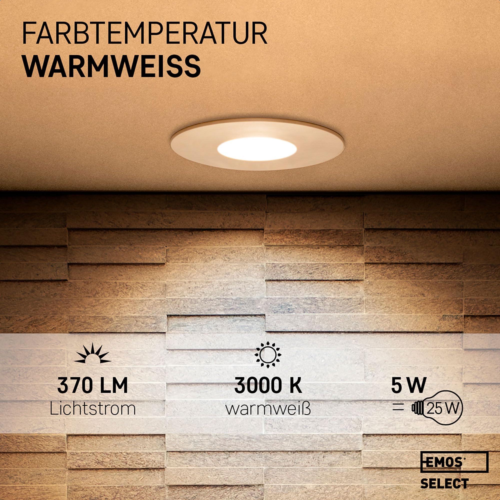 EMOS LED Einbaustrahler 230V 5W, 370lm | Einbaustrahler wasserdicht IP44 für Außen und Innen | LED Spots Deckenleuchte 3000K warmweiß, Set mit 12 Stück Deckenspots LED rund, Farbe Weiß