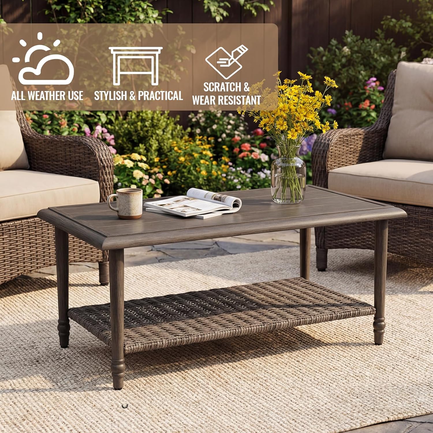Outdoor Coffee Table Rectangular, Metal&Wicker Patio Table for Outside, Outdoor PE Wicker Coffee Table, All-Weather Coffee Side Table with Storage, Patio Furniture for Patio Balcony Porch (Brown)