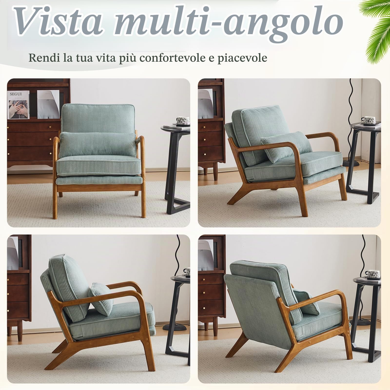 Bonnlo Poltrona Salotto in Legno e Velluto a Coste 65 x 82 x 75cm, Poltroncina Camera da Letto con Braccioli Curvi e Cuscino Lombare, Lounge Chair Design da Lettura e Soggiorno (Azzurro Grigio)