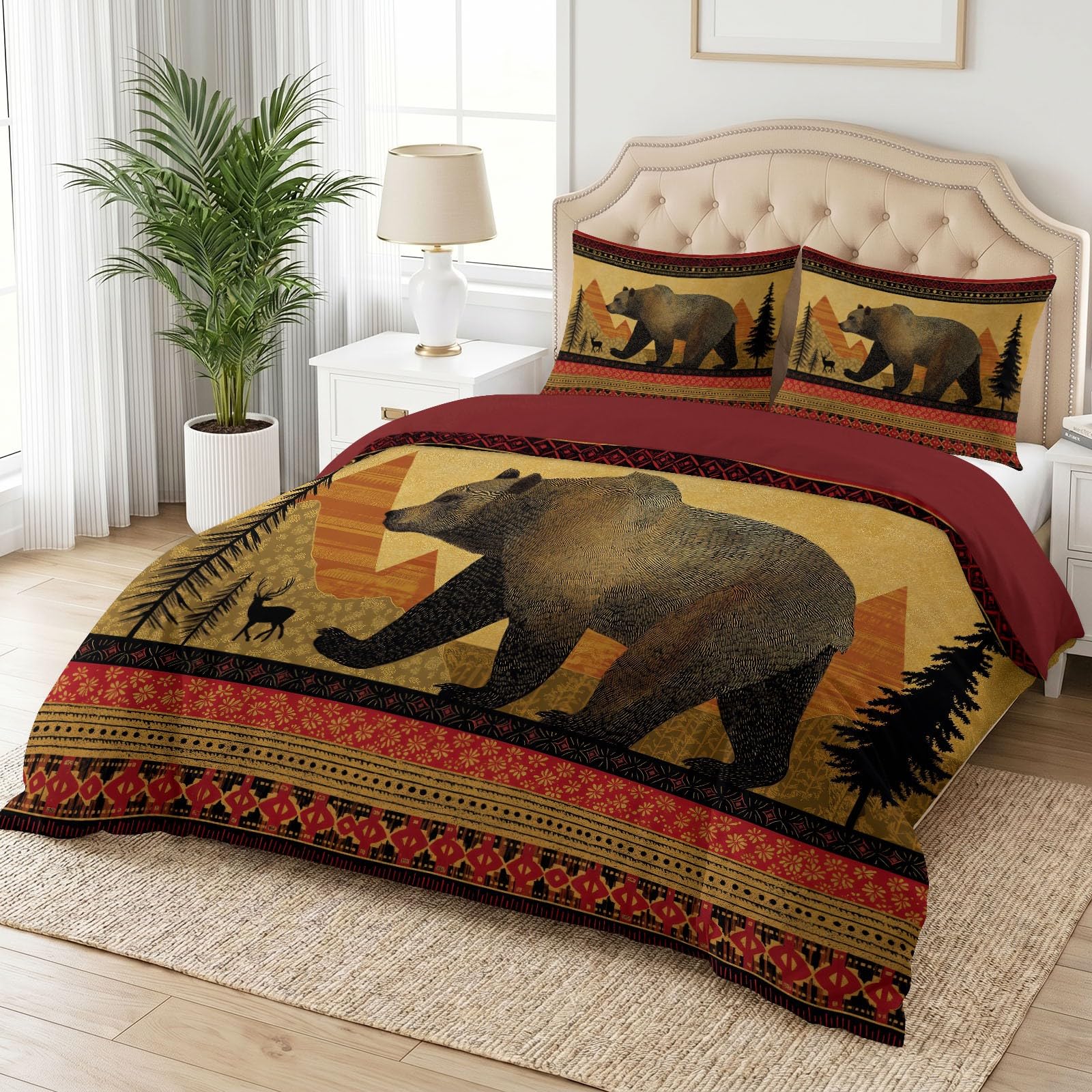 Pościel dla nastolatków 180 x 200 cm, wzór lasu Grizzly Berg, zestaw pościeli z mikrofibry, vintage, tajemnicza, miękka, przyjazna dla skóry, poszewka na kołdrę z zamkiem błyskawicznym i 2 poszewki na