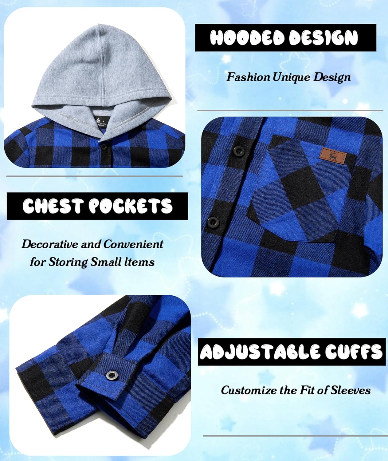 GEEK LIGHTING 3 Pack Boys Girls Plaid Flannel Shirts Unisex Kids Long Sleeve Casual Button Down Shirts with Hood - Image 5