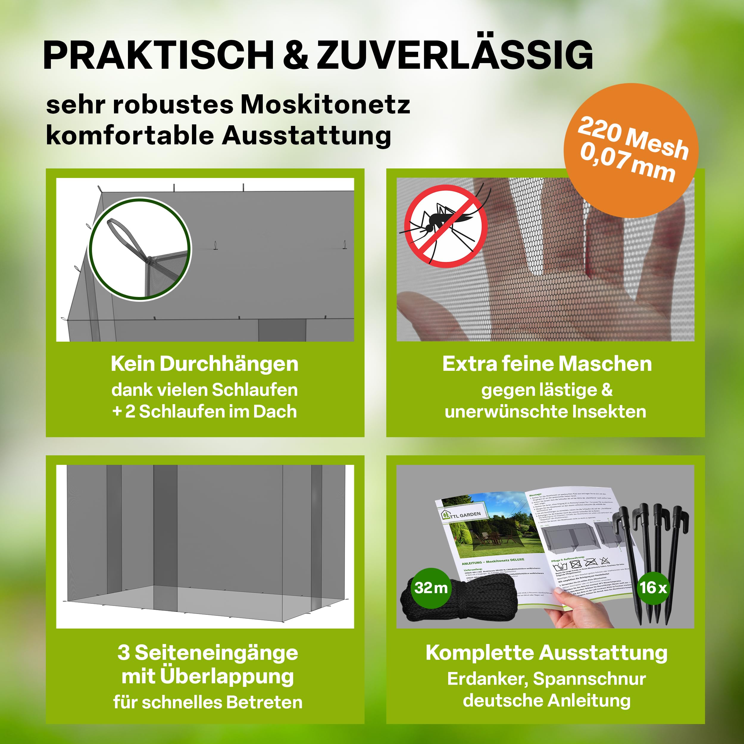TTL GARDEN Moskitonetz Deluxe XXL 500x300x250cm schwarz - feinmaschig 0,07mm Maschenweite - Insektenschutzgitter 3 Eingänge - reißfest UV-stabil & atmungsaktiv - Insektenschutz Moskitoschutz