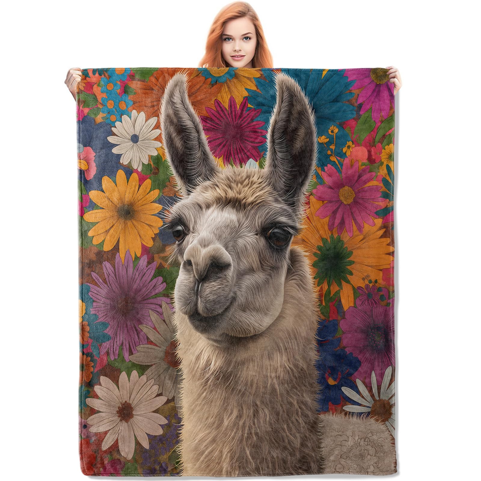 VANZEV Floral Llama Throw Blanket Gifts for Women, Boho Style Blankets for Living Room Home Decor, Cozy Flannel Llama Animal Plush Throws 50"x60"