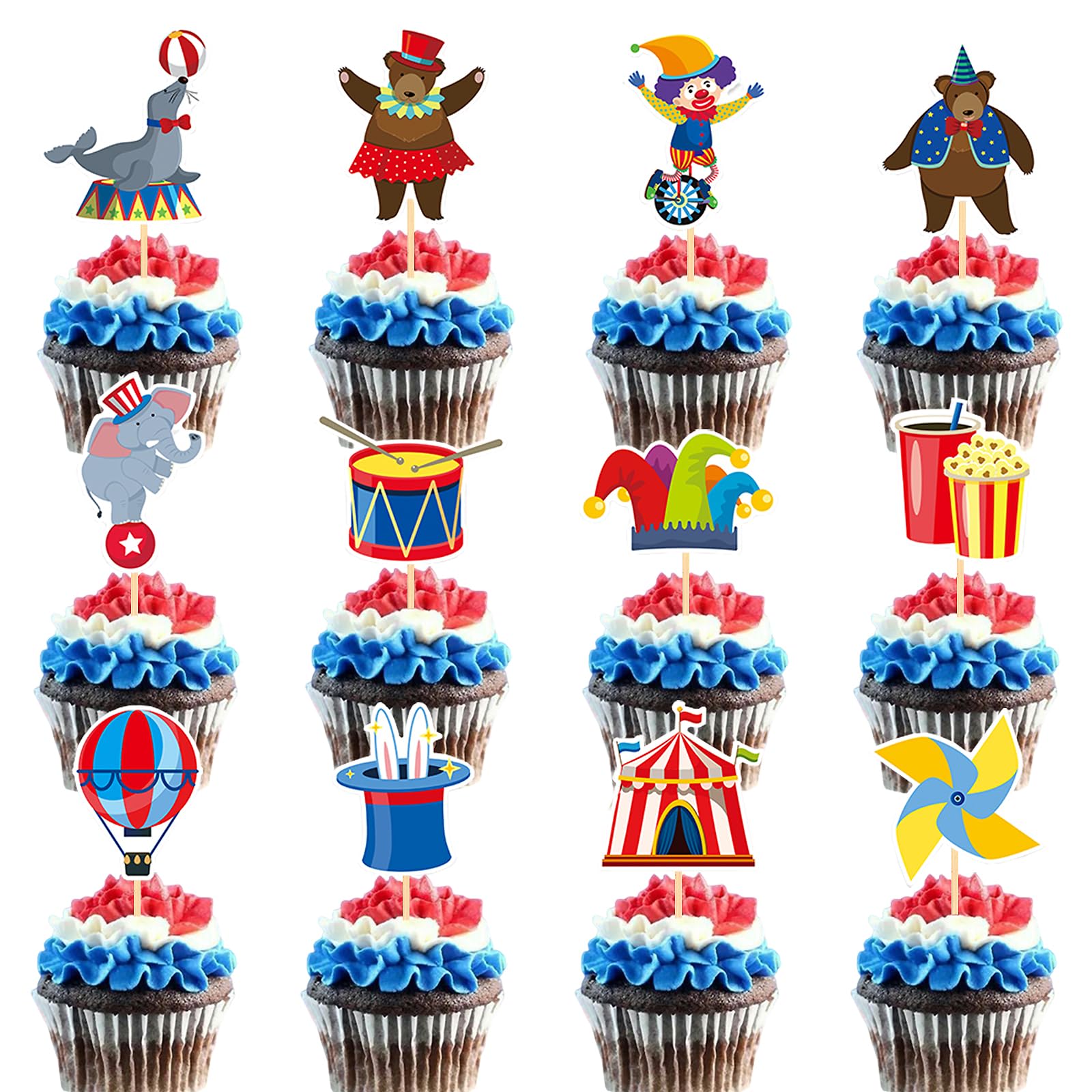 Silars Zirkus Kuchen Deko, 24 Stücke Zirkus Geburtstag Deko Tortendeko Zirkus für Mädchen Jungen, Cake Topper Zirkus für Kindergeburtstag, Babyparty, Geburtstag, Karneval