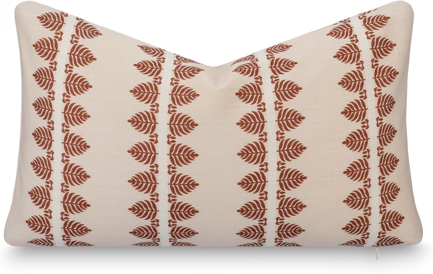 Crumbs Home Modern Farmhouse California Casual Indoor Outdoor Lumbar Pillow Cover, 12"x20" Water Repellent for Patio, Backyard, Couch, Poolside, Earth Tone Rust Orange Neutral Print Leaves Stripes