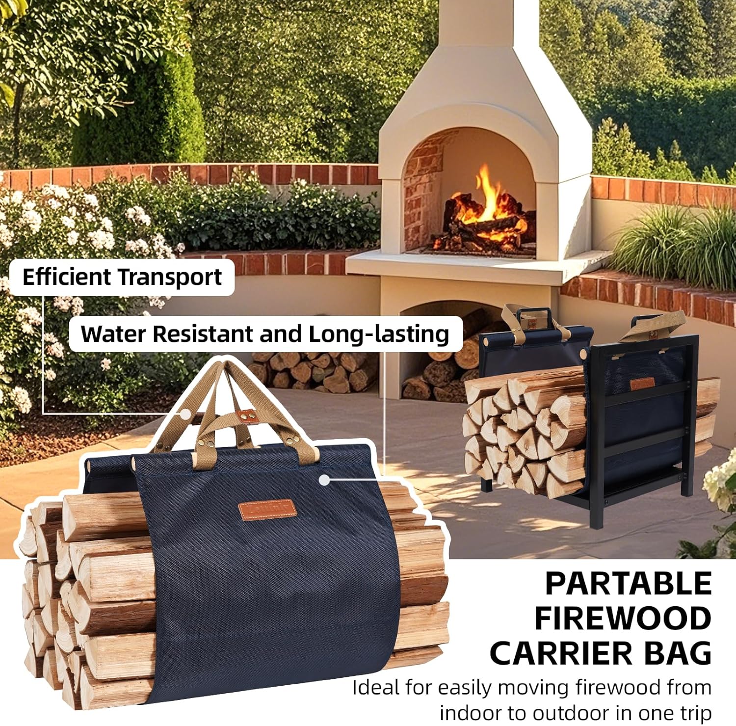 Firewood Rack Indoor Outdoor with Firewood Carrier, Fireplace Wood Log Holder Heavy Duty Metal, Indooor Firewood Holder for Fireplace Wood Storage, 16 inch, Navy