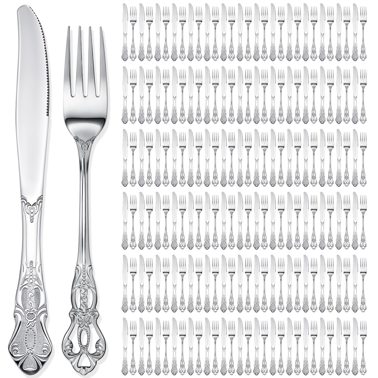 Dandat 200 Pcs Fork and Knives Cutlery Set Stainless Steel Flatware,Silver