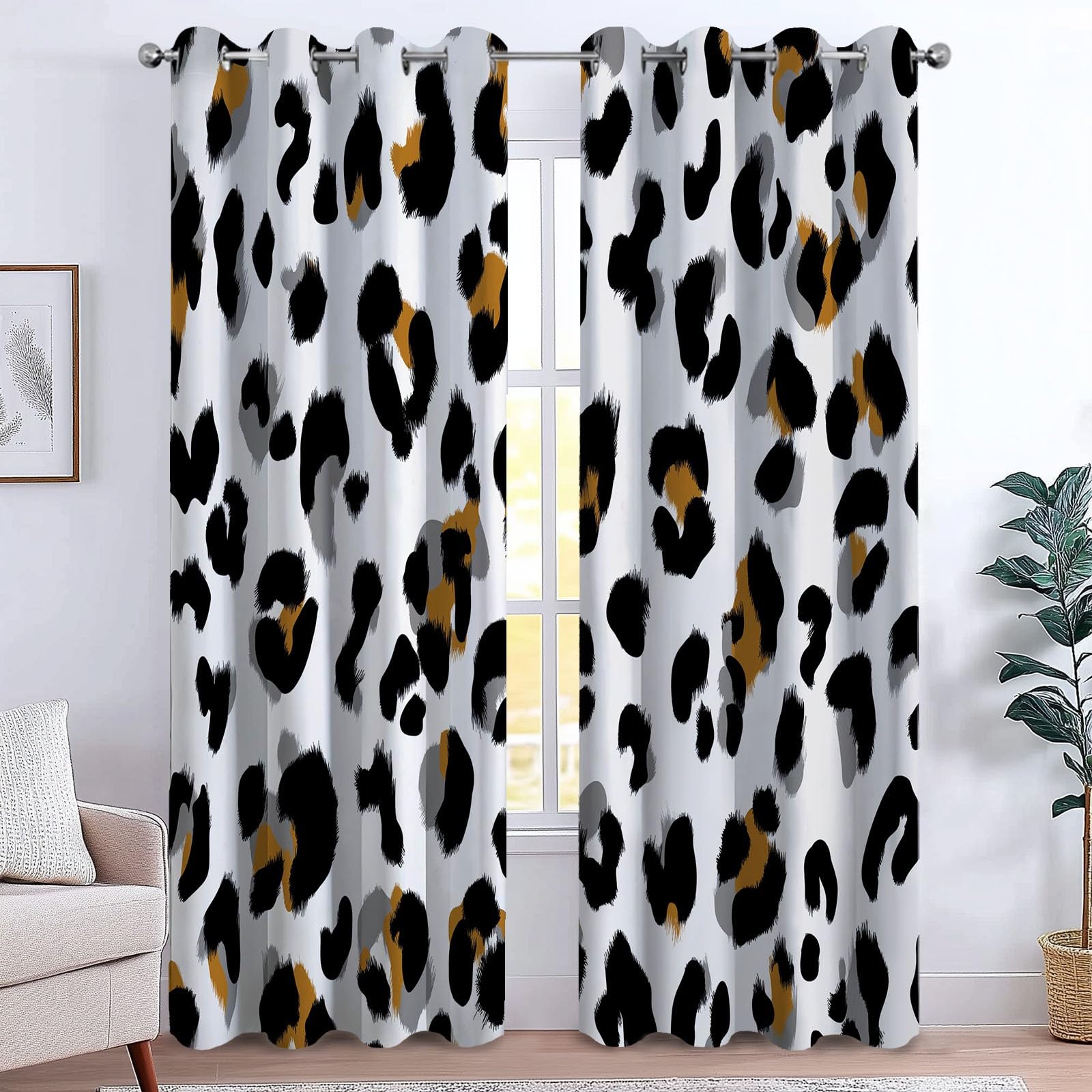 Verdunklungsvorhänge Punkte Wild Kinderzimmer Vorhänge Blickdicht, Weiß Thermovorhang mit Ösen, für Schlafzimmer Fenster & Balkon Modisch Tiermuster - 110 x 215 cm (2er Set)
