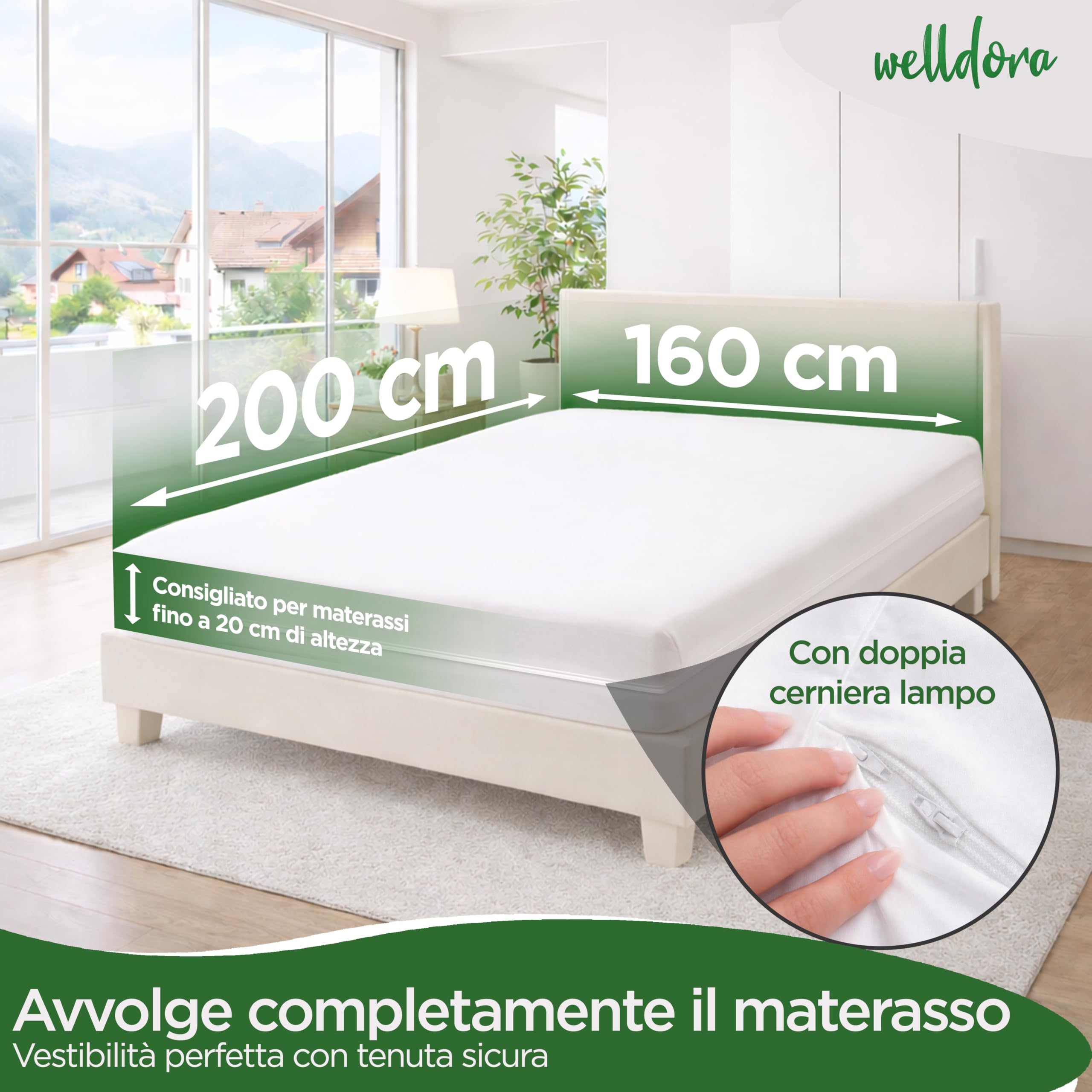 Welldora Coprimaterasso Antiacaro Premium 160 x 200 x 20 cm – Copri Materasso Antiacaro Anallergico Testato - Rivestimento con Cerniera - Biancheria da Letto Anallergica