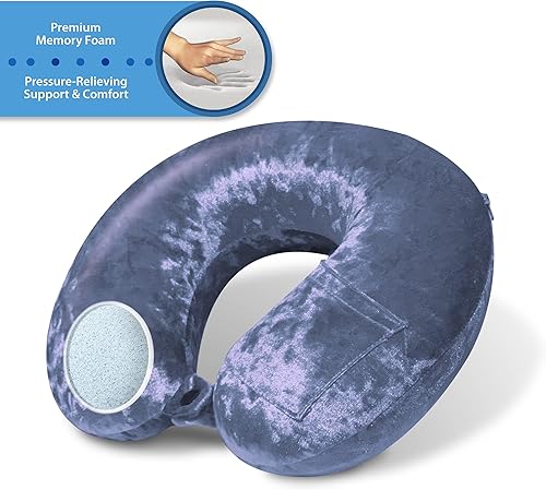 Miniatura 4 de Cloudz Luxe Crushed Velvet Ultra Premium Comforlite Almohada de cuello de viaje en avión con máscara de dormir lujosamente suave a juego, azul acero