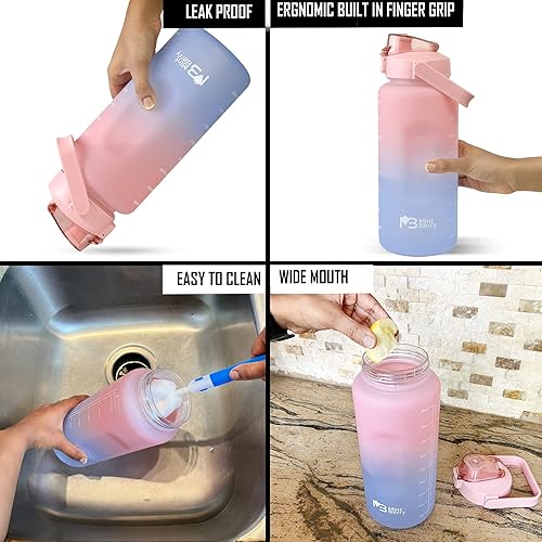 Miniatura 6 de Mint Berry 64 OZHalf Gallon Water Bottle Jug with Motivational Time Marker Straw with Brush Leakproof BPA Free Reusable, Drink Enough Water Daily