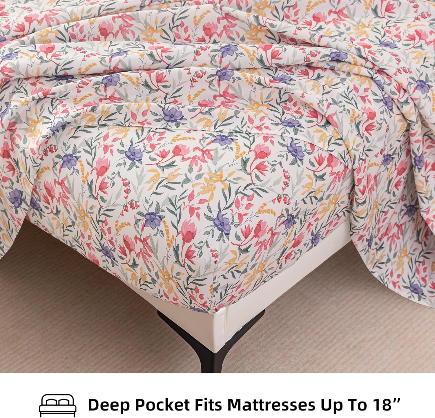 Floral Bed Sheets Queen Size 18” Deep Pocket Queen Sheets Soft Breathable Floral Sheets Queen Size Bed Set with 1 Flat Sheet, 1 Fitted Sheet, 2 Pillowcases (Queen, Blooming Romance)