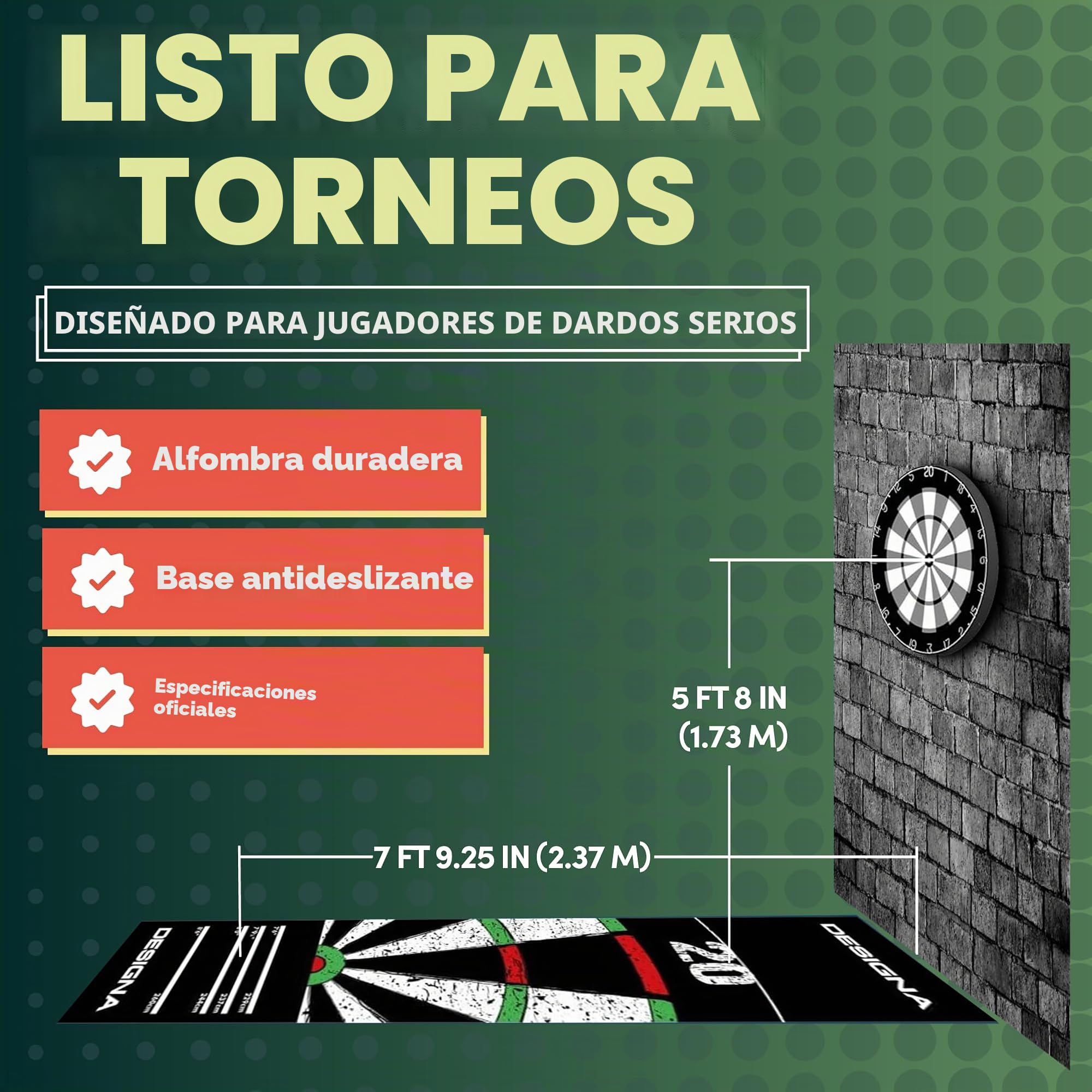 Designa Darts MAT43 | Alfombra Antideslizante para Dardos, Doble Parte Superior, 290 cm x 60 cm