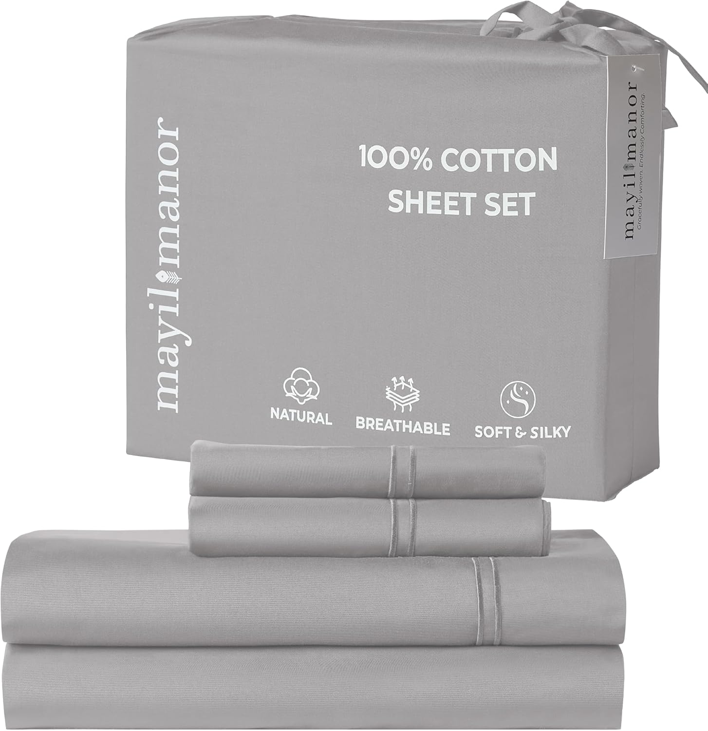 100% Natural Cotton Bed Sheets | 500 TC Single-Ply Sateen Weave Cal King Sheet Set | Breathable & Hypoallergenic Solid 4-Piece Bedding with Deep Pocket Fitted, Flat, Pillowcase | Grey